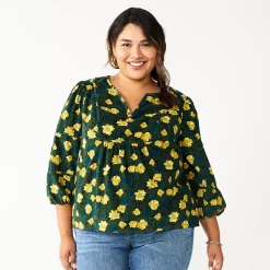Plus Size Sonoma Goods For Life® Notchneck Long Sleeve Top -Sonoma Goods For Life Sales 5661416 Green Yellow Floral
