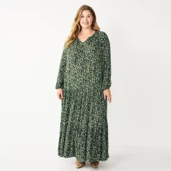 Plus Size Sonoma Goods For Life® Tiered Long Sleeve Maxi Dress -Sonoma Goods For Life Sales 5664433 Olive Multi Floral