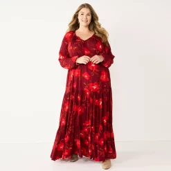Plus Size Sonoma Goods For Life® Tiered Long Sleeve Maxi Dress -Sonoma Goods For Life Sales 5664433 Red Floral